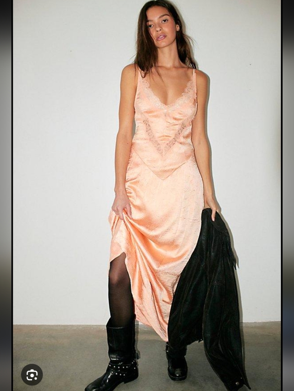 Free People Peach Lace-Trim Gorgeous Maxi Satin Dress
